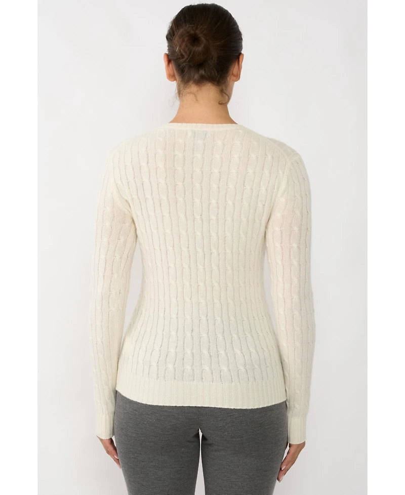 Jennie Liu Women's 100% Cashmere Cable-knit Long Sleeve Pullover Crew Neck Sweater