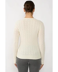 Jennie Liu Women's 100% Cashmere Cable-knit Long Sleeve Pullover Crew Neck Sweater