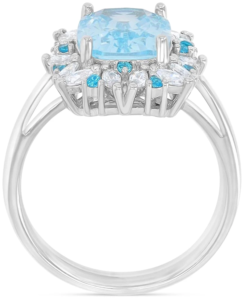 Blue & White Cubic Zirconia Mixed Cut Halo Ring Sterling Silver
