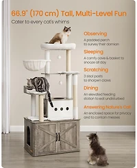 Slickblue 66.9-Inch Cat Tree Cat Tower with Litter Box Enclosure for Play and Privacy