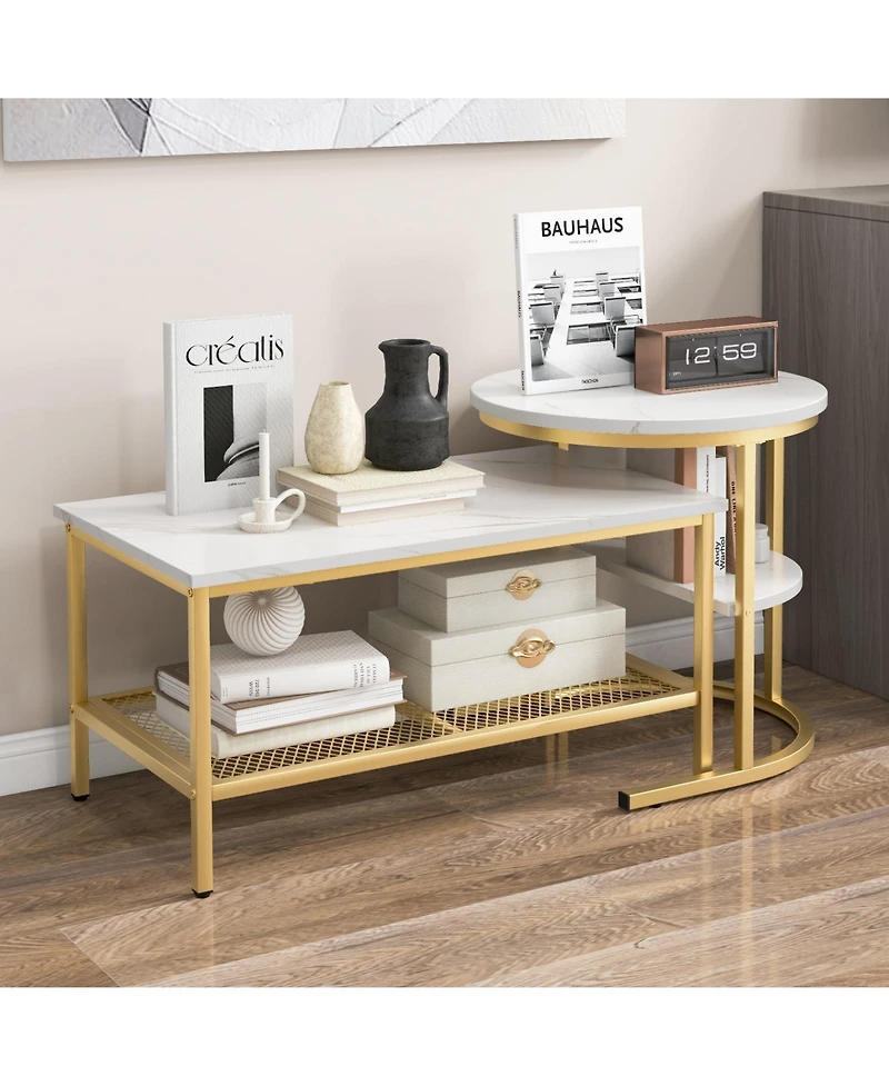 Gouun Set of 2 Nesting Table with Extra Storage Shelf for Living Room