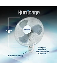 Hurricane Supreme 18 Inch 90 Degree Oscillating 3 Speed Wall Mounted Fan, White