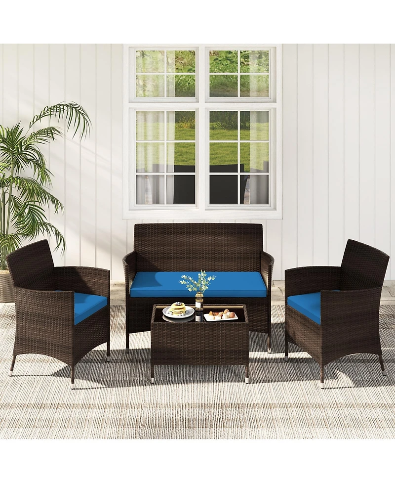 Gouun 4 Pieces Comfortable Outdoor Rattan Sofa Set with Glass Table-Peacock