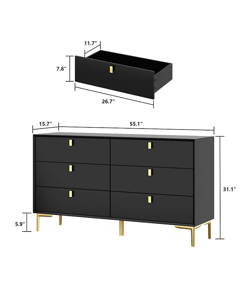 Homsee Black 6-Drawers Classic Wooden Cabinet with Golden Legs and Handles