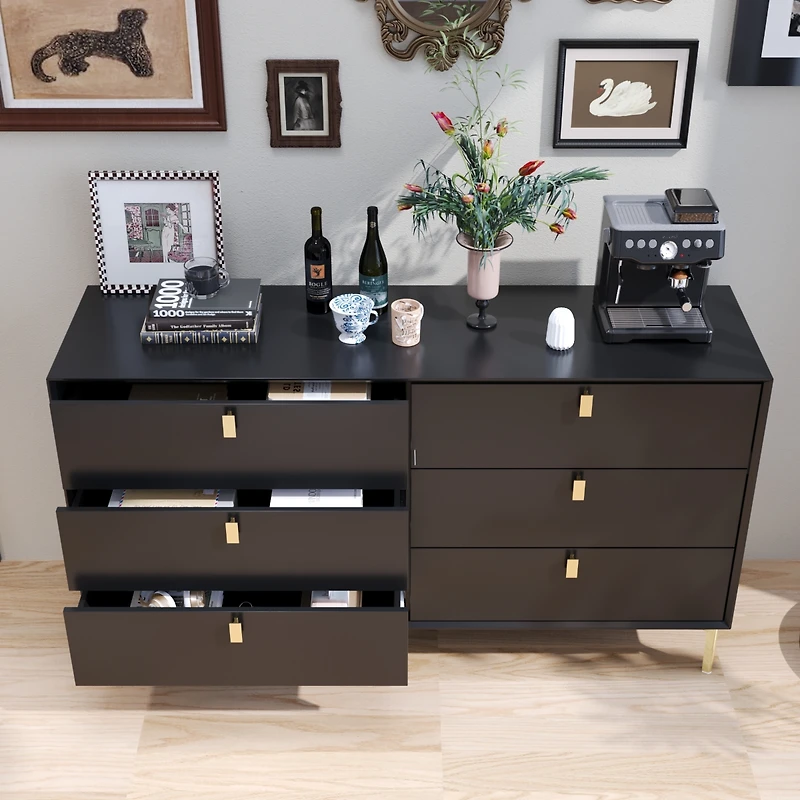 Homsee Black 6-Drawers Classic Wooden Cabinet with Golden Legs and Handles