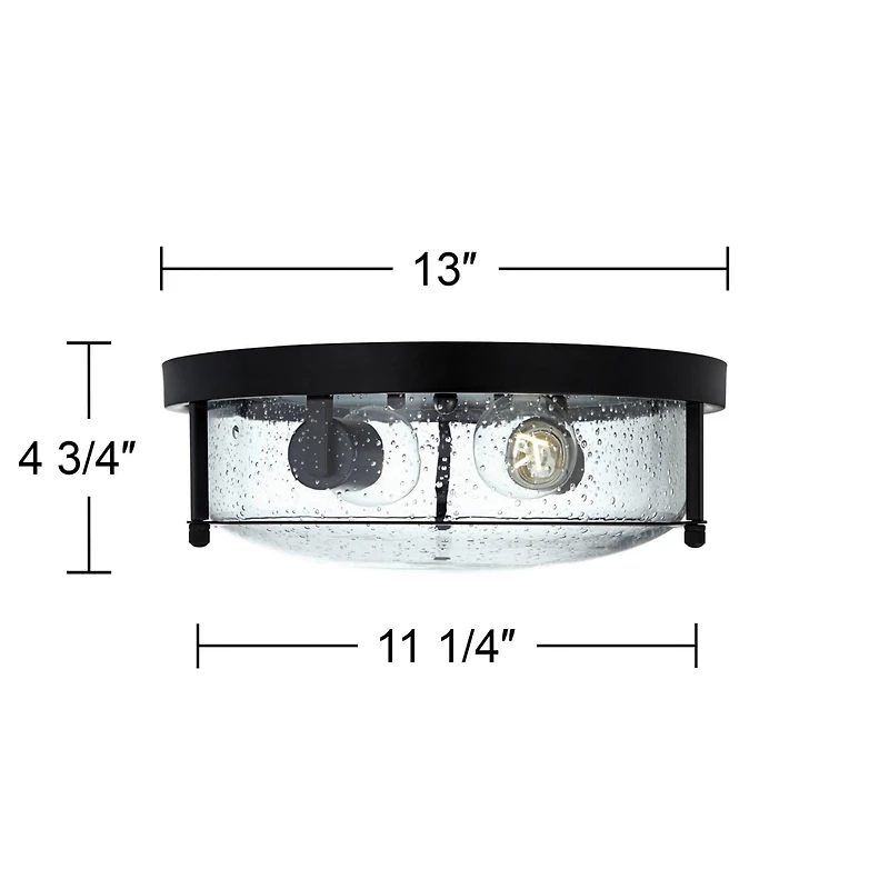 Franklin Iron Works Midnight 13" Modern Flush-Mount Ceiling Light Fixture Kitchen Foyer Hallway Round 2-Light Black Seeded Glass