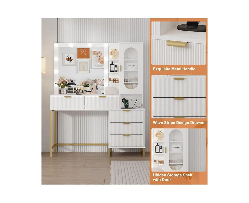gaomon Modern Vanity Makeup Desk with Vanity Mirror, Built-in Lights, 5 Drawers, Power Outlet, Makeup Desk for Bedroom