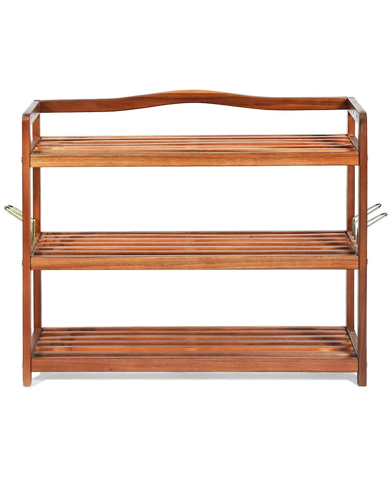 Gouun 3-Tier Acacia Wood Shoe Rack with Side Metal Hooks