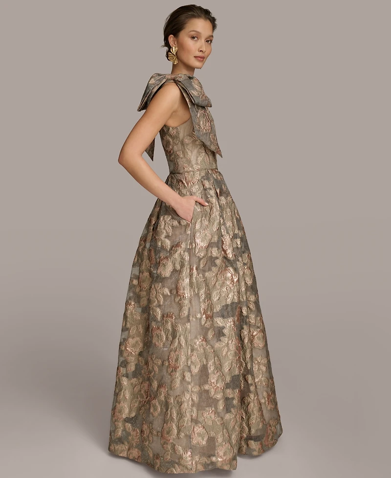 Donna Karan New York Women's Metallic Jacquard One-shoulder Bow Floral Ball Gown