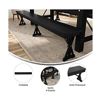 Merrick Lane Tinsley 8' X 12" Solid Pine Folding Farmhouse Style Bench, Rustic Pinewood Folding Dining Bench With Locking X-Legs