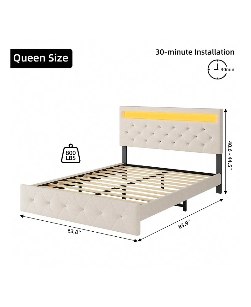gaomon Full/Queen Size Bed Frame With Led Lights Headboard, Led Bed Frame With Fast-Charging Usb Port, Upholstered Platform Bed Frame, No Box Spring N