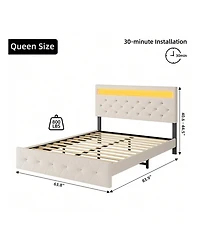 gaomon Full/Queen Size Bed Frame With Led Lights Headboard, Led Bed Frame With Fast-Charging Usb Port, Upholstered Platform Bed Frame, No Box Spring N