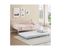 Twin Daybed with Trundle, Modern Pull Out Day Bed Frame with Vintage Headboard, Metal Daybed with Sturdy Slat Support, for Small Spaces, Kids Room, Li