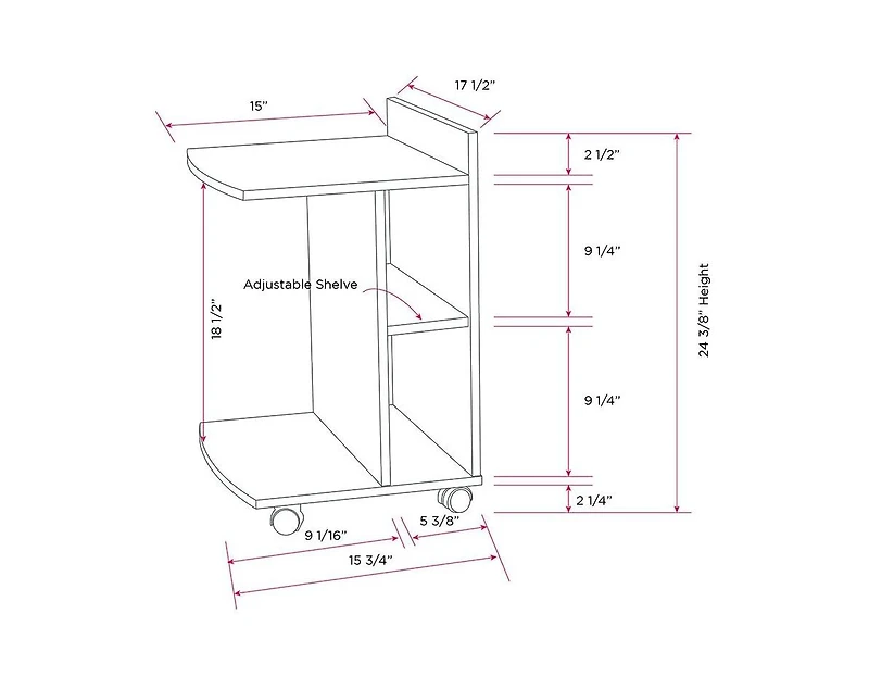 Kings Brand Furniture - Farrell Snack Side End Table with Storage Shelves and Wheels, Chocolate