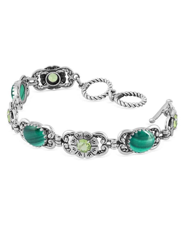 American West Jewelry Sterling Silver Malachite Peridot Concha Link Bracelet, Size Large