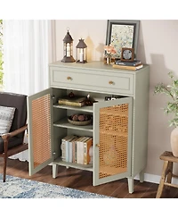 Tribesigns Shoe Cabinet with Doors and Drawer, Modern Shoe Storage Cabinet for Entryway, Rattan Wooden Shoe Organizer with Adjustable Shelf, Green