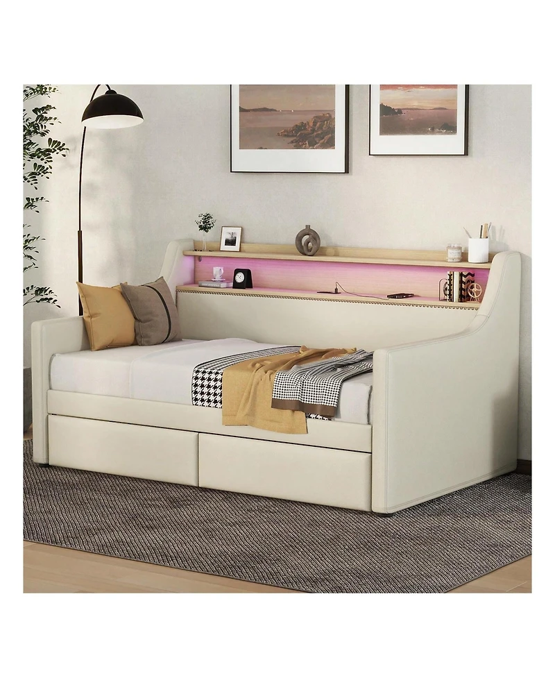 gaomon Twin Size Daybed With 2 Storage Drawers And Storage Headboard, Pu Leather Upholstered Daybed Bed Frame With Charging Station And Rgb Led Lights
