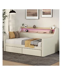gaomon Twin Size Daybed With 2 Storage Drawers And Storage Headboard, Pu Leather Upholstered Daybed Bed Frame With Charging Station And Rgb Led Lights