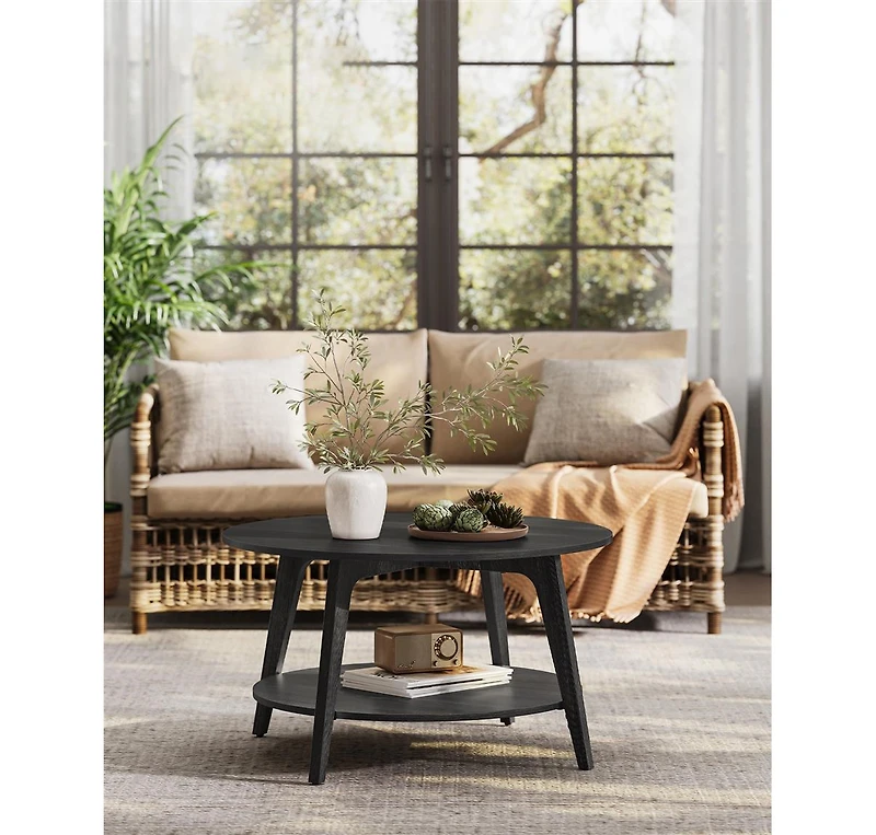 2-Tier Round Coffee Table with Open Storage Shelf for Living Room