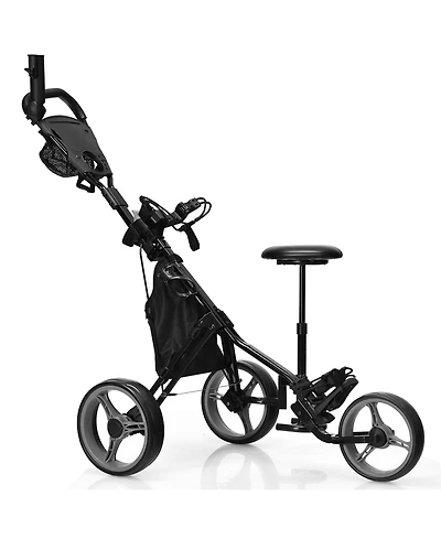 Gymax 3-Wheel Foldable Golf Push Pull Cart Trolley w/ Seat Adjustable Handle