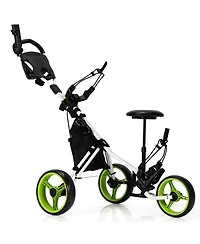 Gymax 3-Wheel Foldable Golf Push Pull Cart Trolley w/ Seat Adjustable Handle