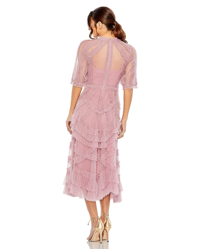 Mac Duggal Women's High Neck Puff Sleeve Ruffle Tiered Dress