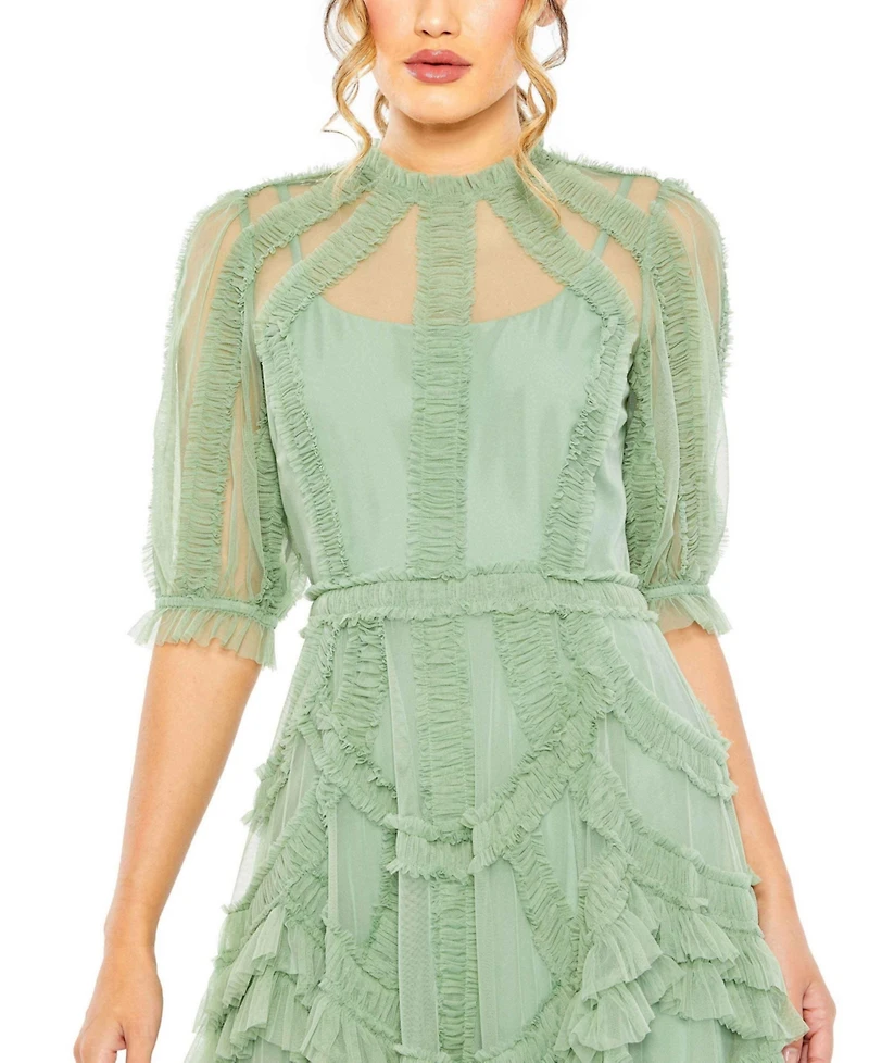 Mac Duggal Women's High Neck Puff Sleeve Ruffle Tiered Dress