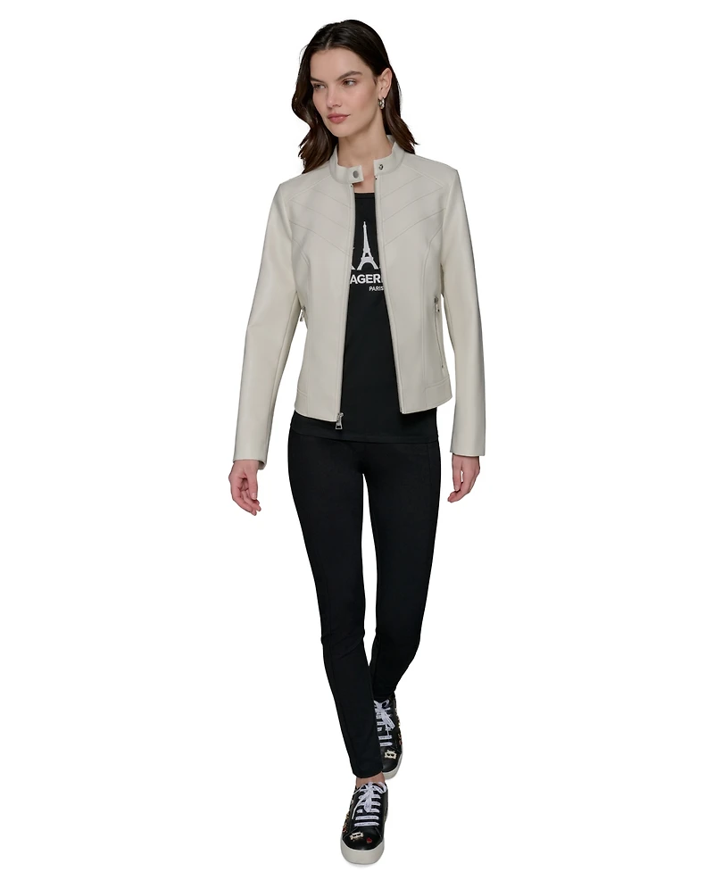 Karl Lagerfeld Paris Women's Fitted Mock-Neck Faux-Leather Jacket