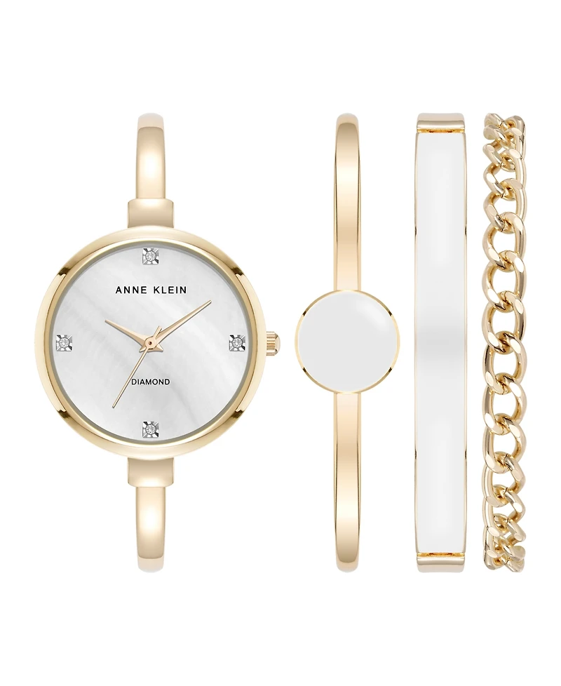Anne Klein Women's Quartz White Enamel and Gold-Tone Metal Alloy Bangle Watch Set, 32mm