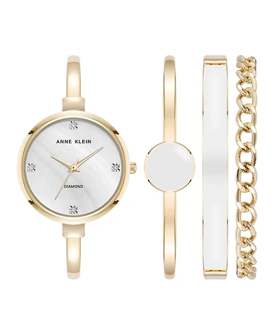 Anne Klein Women's Quartz White Enamel and Gold-Tone Metal Alloy Bangle Watch Set, 32mm