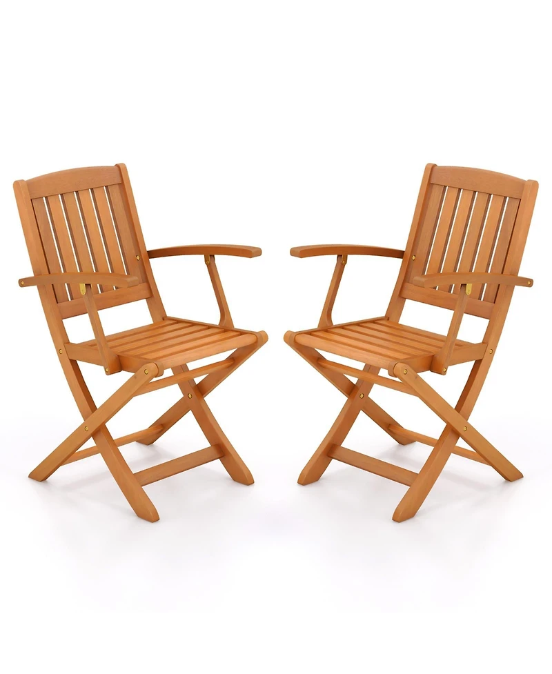 Gouun Patio Wood Folding Chair Set of 2 with Armrests and Slatted Seat