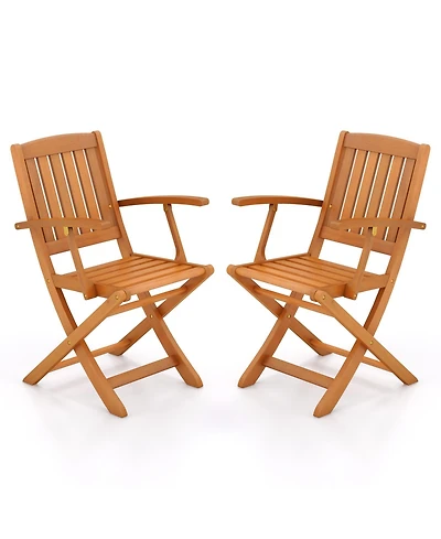 Gouun Patio Wood Folding Chair Set of 2 with Armrests and Slatted Seat