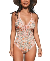Cupshe Women's Elegant Floral One-Piece Swimsuit with Criss-Cross Front Detail
