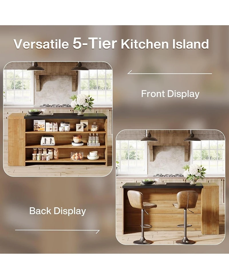 Tribesigns 55" Kitchen Island with Storage, Farmhouse 5-Tier Stationary Island Table with 5 Shelves, Wood Coffee Bar Table Storage Cabinet with Large