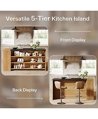 Tribesigns 55" Kitchen Island with Storage, Farmhouse 5-Tier Stationary Island Table with 5 Shelves, Wood Coffee Bar Table Storage Cabinet with Large
