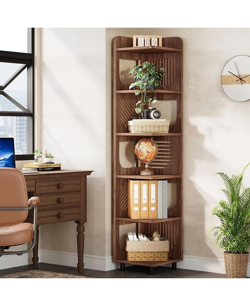 Tribesigns 6-Tier Corner Shelf Stand, 71-Inch Rustic Tall Corner Bookshelf, Narrow Corner Bookcase, Corner Plant Stand Display Shelf Organizer