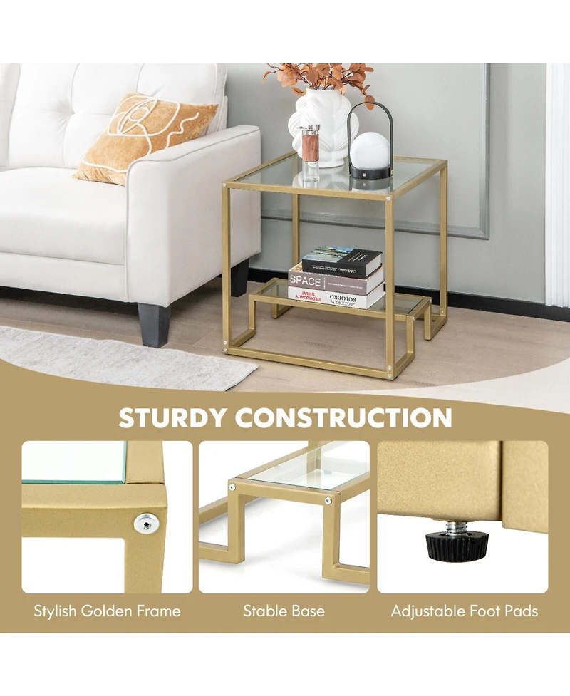 Gouun 22 Inch 2-Tier Square Sofa Side Table with Tempered Glass Tabletop