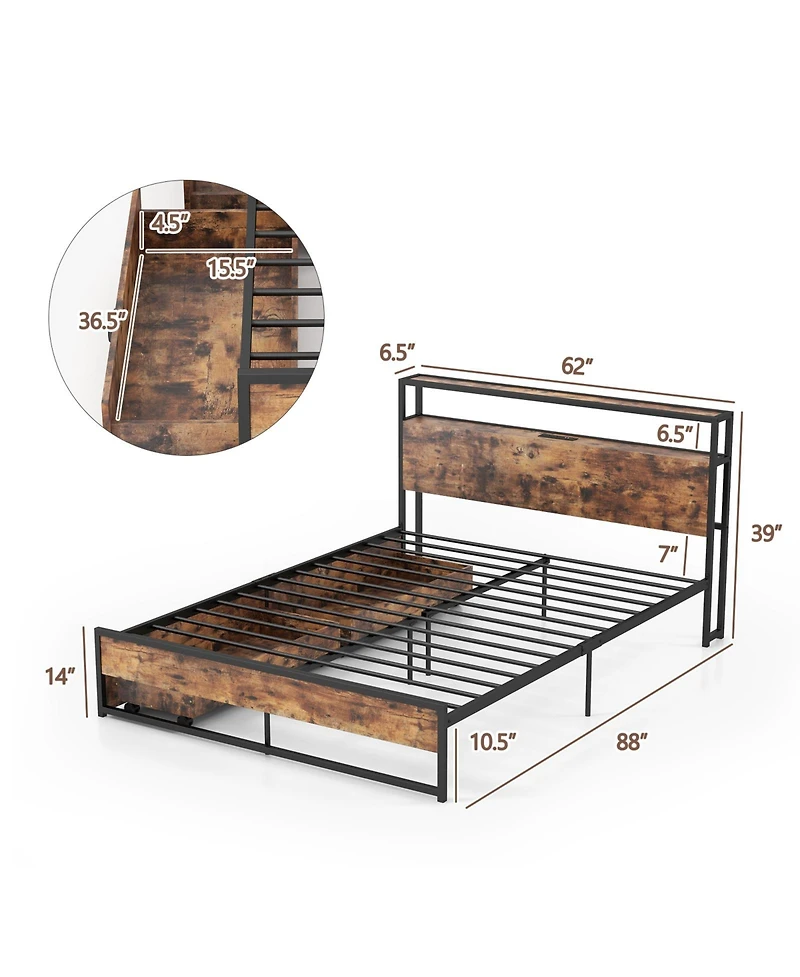 Gouun Queen Bed Frame with 2-Tier Storage Headboard and Charging Station-Queen Size