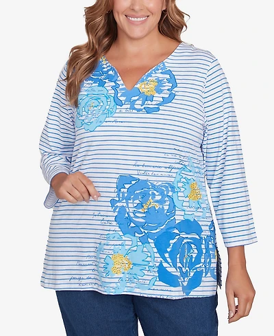 Ruby Rd. Plus Floral Embroidered Script Stripe Top
