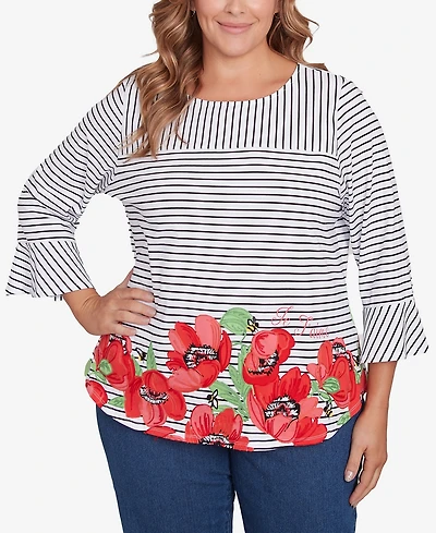 Ruby Rd. Plus Size Poppy Embroidered Stripe Knit Top