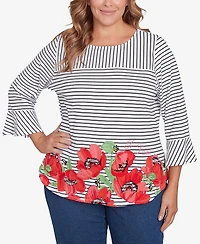 Ruby Rd. Plus Size Poppy Embroidered Stripe Knit Top