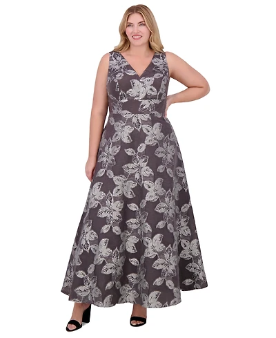 Eliza J Plus Size Metallic-Threaded Floral-Print Ball Gown