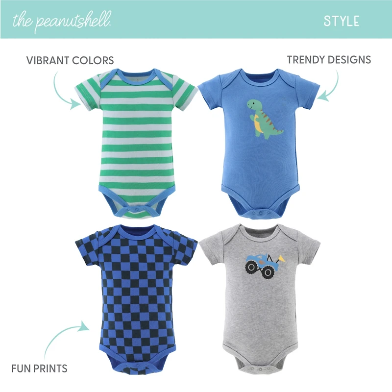 The Peanutshell Boy Truck Dino Bodysuits, 4-Pack