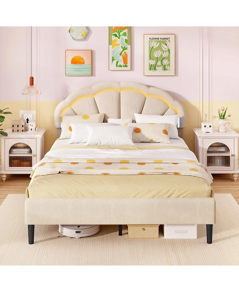 Gouun Upholstered Led Bed Frame with Adjustable Flower Headboard and Metal Support Feet-Queen Size