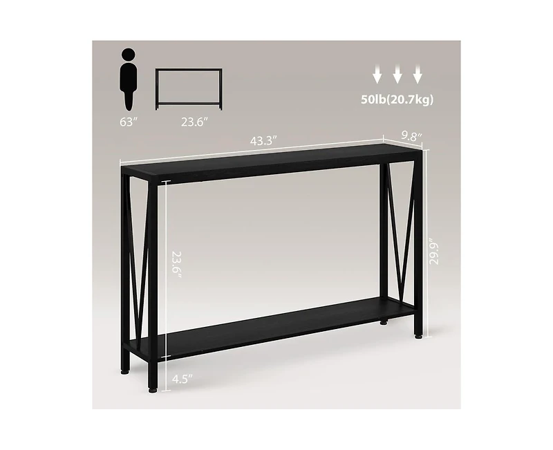 gaomon Entryway Table, Industrial Console Table with V Design, 43" 2 Tier Sofa Table with Storage, Narrow Console Table for Entryway Living Room