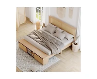 gaomon Natural Rattan Queen Size Bed Frame with Sliding Barn Door Storage Cabinets and Headboard