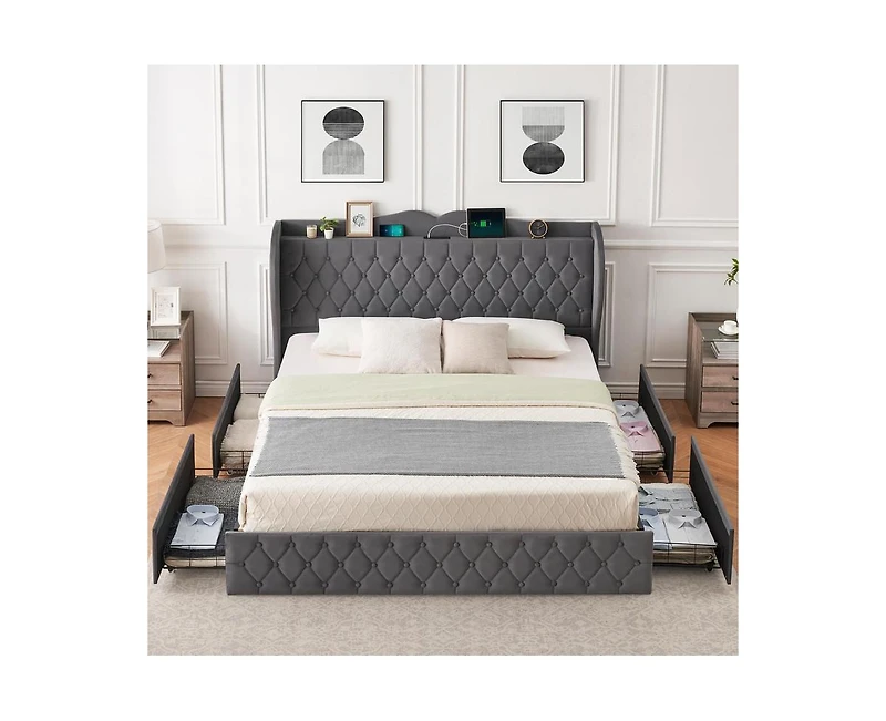 gaomon King Size Bed Frame with Charging Station and 4 Storage Drawers, Velvet Upholstered Tall Tufted Wingback Headboard and Storage Shelf, No Box Sp