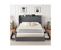 gaomon King Size Bed Frame with Charging Station and 4 Storage Drawers, Velvet Upholstered Tall Tufted Wingback Headboard and Storage Shelf, No Box Sp