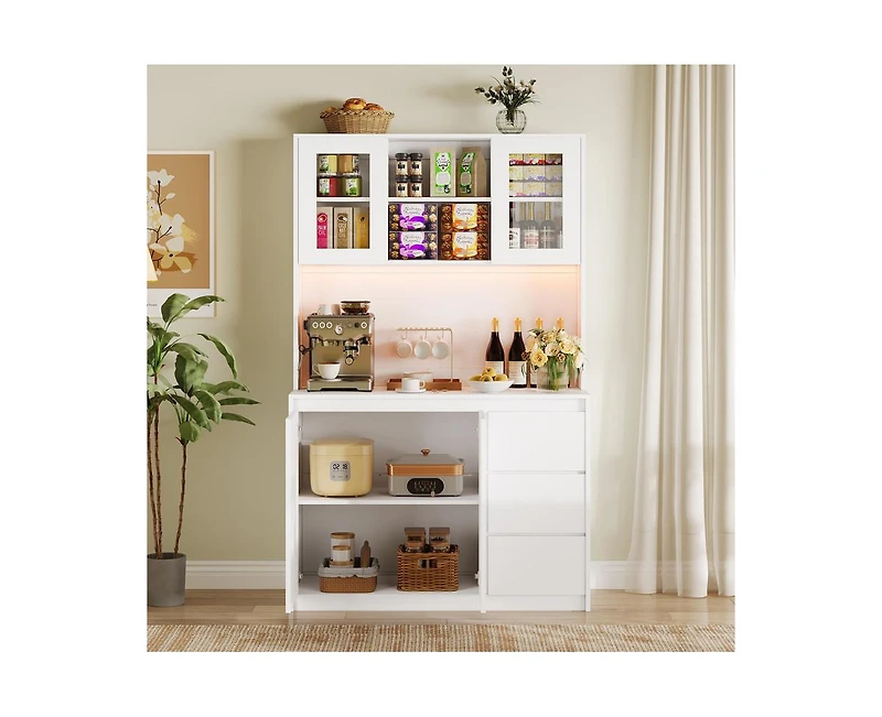 gaomon Tall Kitchen Pantry Cabinet, Kitchen Storage Cabinet with Led Lights and Power Outlets, Food Pantry Cabinet with Microwave Stand, Glass Door, A