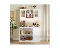 gaomon Tall Kitchen Pantry Cabinet, Kitchen Storage Cabinet with Led Lights and Power Outlets, Food Pantry Cabinet with Microwave Stand, Glass Door, A